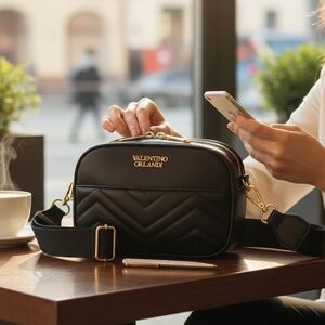 Valentino Orlandi Black Chevron Crossbody Camera Bag